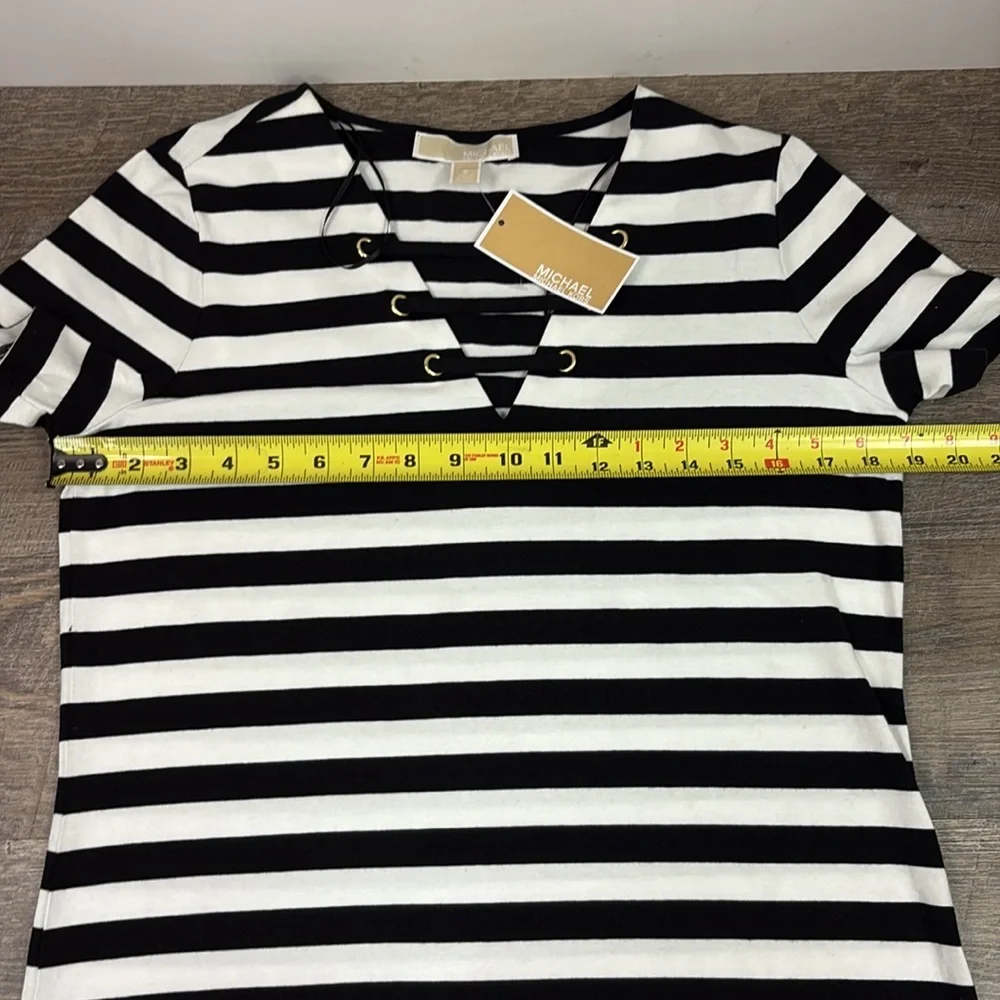 NEW Michael Kors Short Sleeve Lace Detailed Neckline Striped Dress Size Small